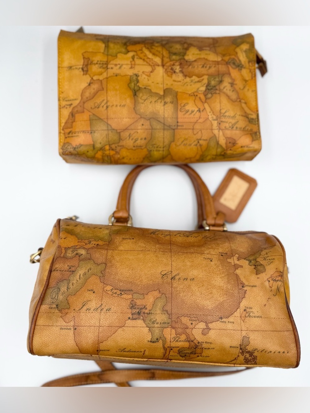 Alviero Martini Bundle Cognac Logo Barrel Crossbody with Brown Trim And Pouch - Picture 2 of 16